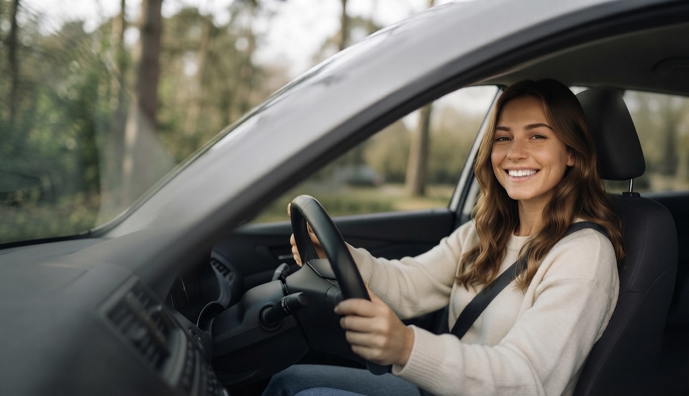 A learner driver smiling at the wheel during a driving lesson with Kings Driving Centre