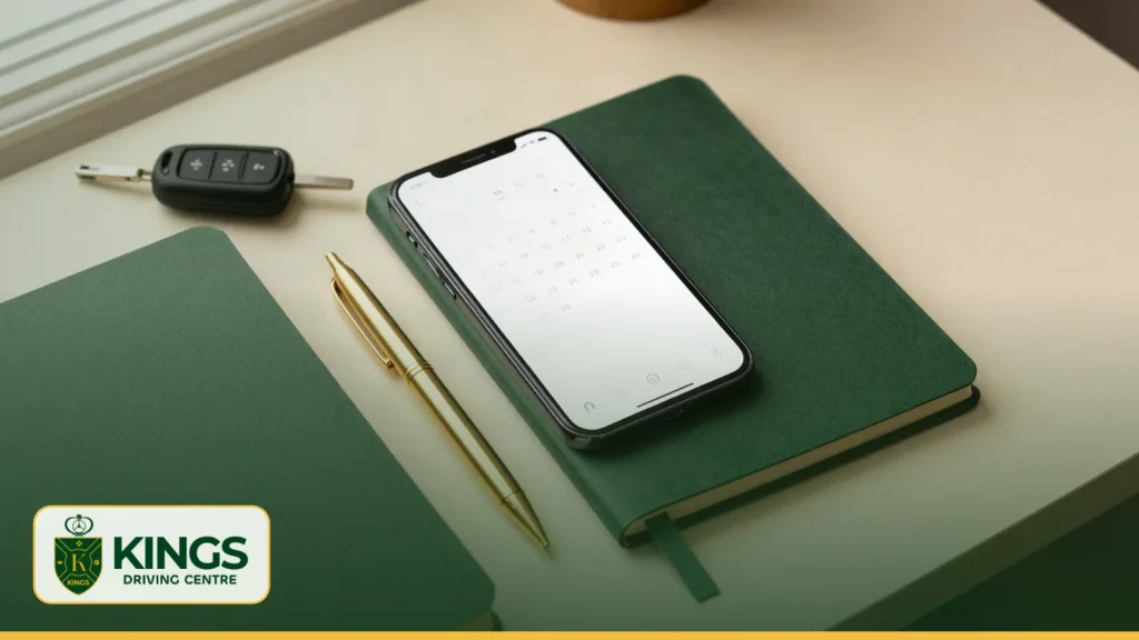 Phone calendar, car keys and notebook for booking a driving test