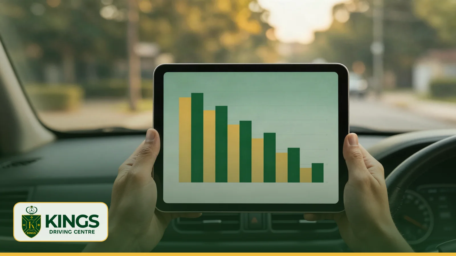 Tablet showing a learner driver progress chart in a car