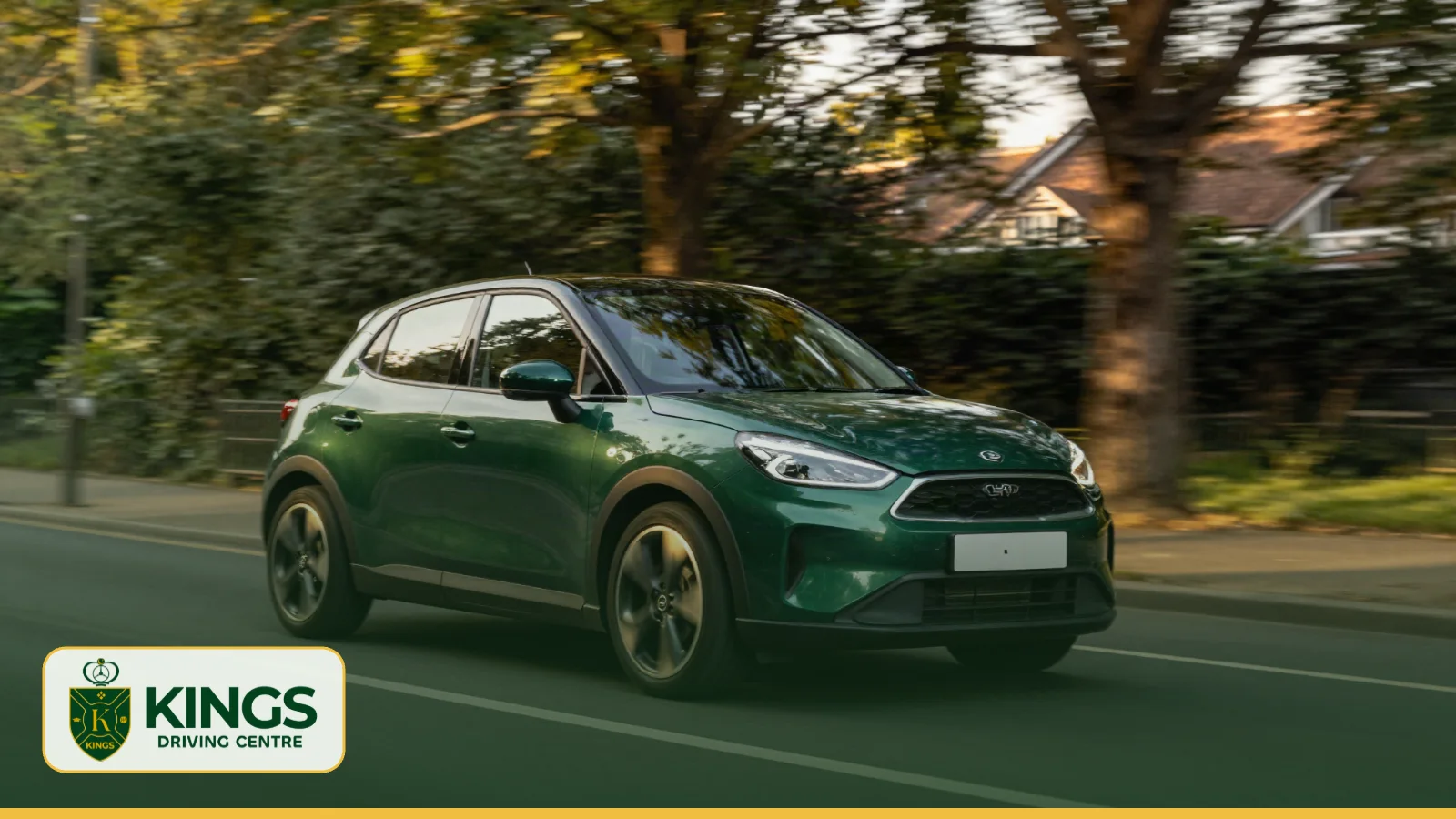 Green car driving along a tree-lined suburban street